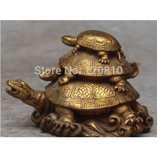 YM 324 5" Chinese Bronze Auspicious Feng Shui Wealth Animal 3 Turtle tortoise Statue