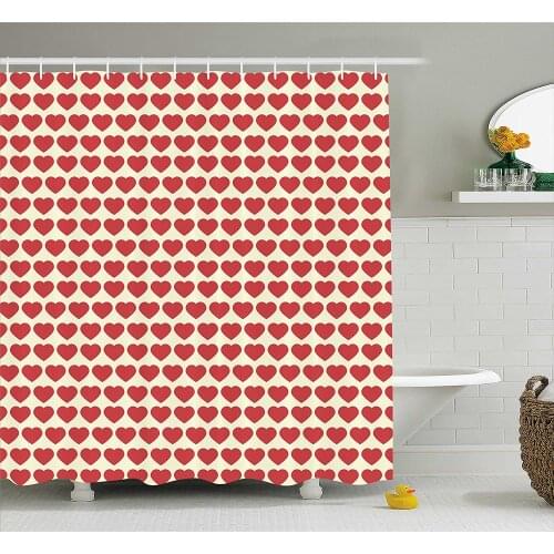 Valentine Shower Curtain Vibrant Red Colored Heart Shapes Tile Romantic in Love Theme Waterproof Polyester Bath Curtains