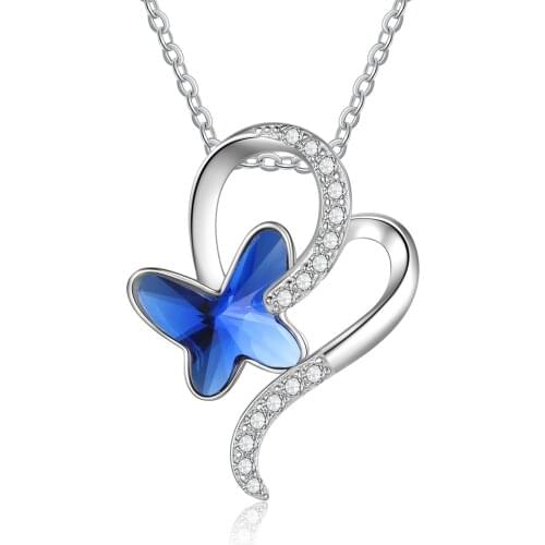 JewelOra New Blue Crystal Butterfly Pendant Necklaces for Women Silver Color Zirconia Link Chain Necklace Women Accessories