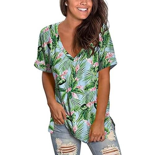 Summer New Floral Print Short Sleeve T-shirt Women Clothes Casual Loose Fashion V Neck Tops Streetwear Ladies Tee Shirt Femme