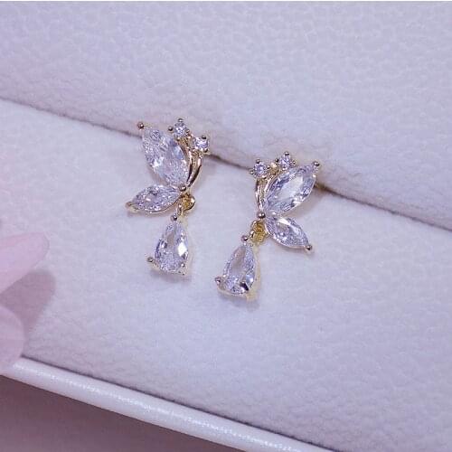Shiny Side New Accessories Crystal Butterfly Stud Earrings for Women Fashion Jewelry Elegant Waterdrop Zirconia Earrings