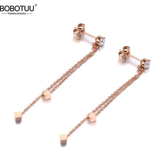 BOBOTUU Brand Titanium Stainless Steel Geometry Squares Tassel Earrings Bohemia CZ Crystal Chain Drop Earrings For Women BE19160