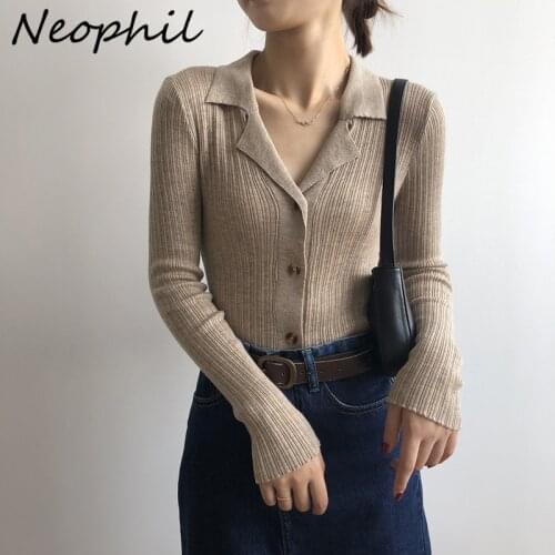 Neophil 2021 Women Autumn Knitted White Unif Cardigans Long Sleeve Suit Collar Slim Female Black Sweater Jumper Knitwear SW21738