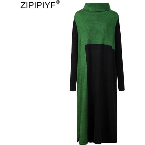 2020 Women spring autumn turtleneck sleeveless knitted sweater elegant pullover slit dress suit green two piece set black
