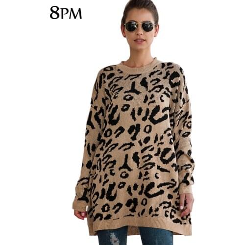 Womens Leopard Knitted Sweater Animal Print Pullover Sweater Thick Long Sleeve Loose Female Casual Tops ouc0112