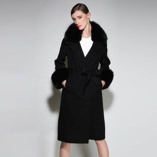 2020 Autumn Winter X-long Ladies Wool Coat with Real Fox Fur Collar and Cuffs pashmina Women Outerwear