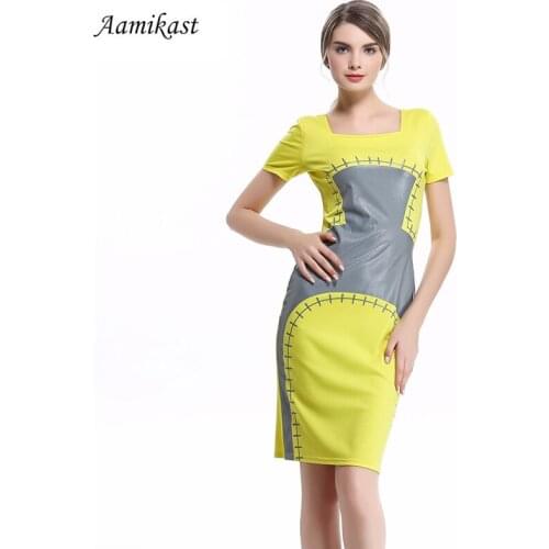 Aamikast Print Pencil Dresses Hot Sale 2019 Summer Autumn Square Collar Pencil Party Evening Business Bodycon Women Dresses