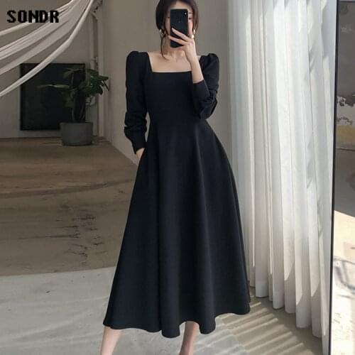 One-Piece Korean Dresses Autumn 2020 New Long-Sleeved French Vintage Hepburn Style Square Neck Black Dress WomenS Long Dresses