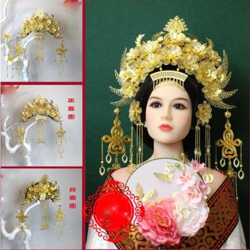 Gold Plated Hanfu Costume Hair Tiara Bride Wedding Hair Tiara Long Tassel Hair Tiara for TV Play or Photography Stage Perform