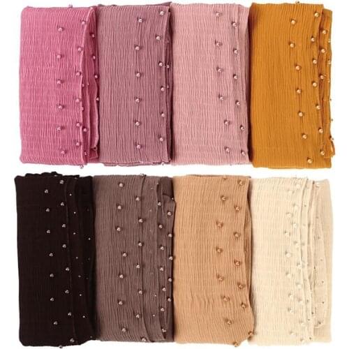 10pc Chiffon wrinkle scarf pearl edges shawl plain maxi ripple hijab long pashmina muffler muslim scarf fashion scarves 21colors