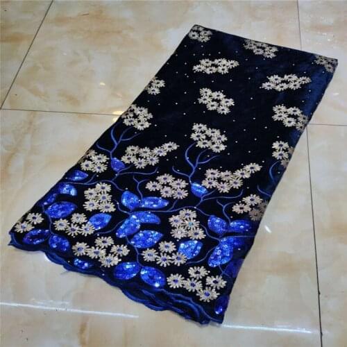 African royal blue Lace Fabric High Quaity velvet stones/Sequins Fabric Embroidery Tulle Lace Fabric For African Lace Party