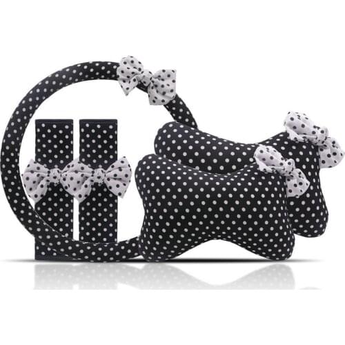 Cute Polka Dot Bowknot Universal Car Steering Wheel Covers Auto Seat Headrest Neck Pillow Car Accessories Interior for Women