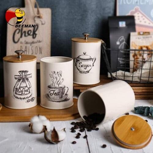 BEEMAN Tea Coffee Sugar Storage Bottles Jars Iron Sugar Container Holder Can Storage Bottles Candy Storage Boxes Sealed Canister