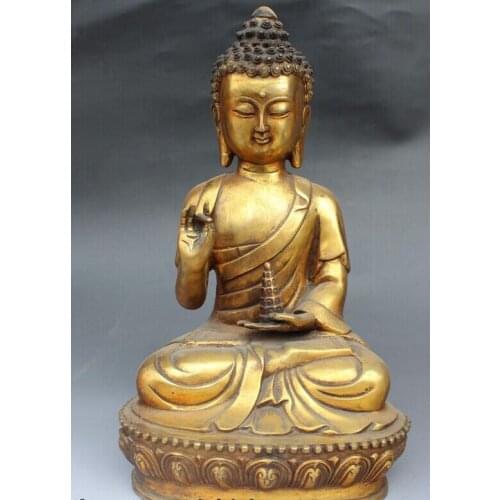 Bi001410 12" Marked Chinese Bronze Gilt Seat Lotus Shakyamuni Amitabha Buddha Statue