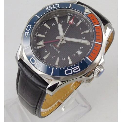 41mm Black Sterile Dial Ceramic Leather Mens Watch Automatic GMT Movement Sapphire Glass Strap Date Window