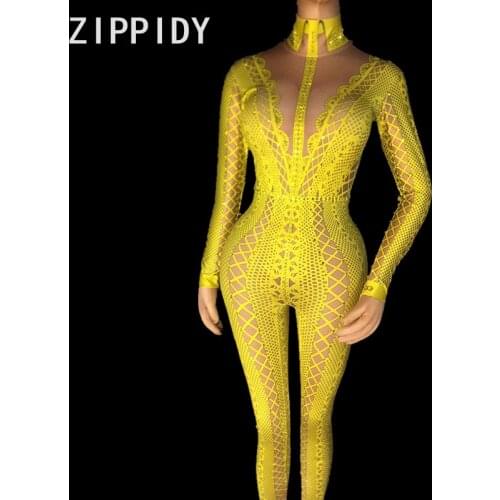 Yellow Black Or White Printed Rhinestones Jumpsuit Stretch One Piece Nightclub Singer Dancer Womens Party Wear Sexy Bodysuit