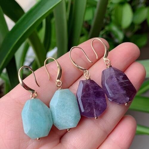 Healing Jewelry Natural Stone Earrings Gometric Pendulum Dangle Blue Quartz Amazonite Amethysts Purple Crystal Earring for Women