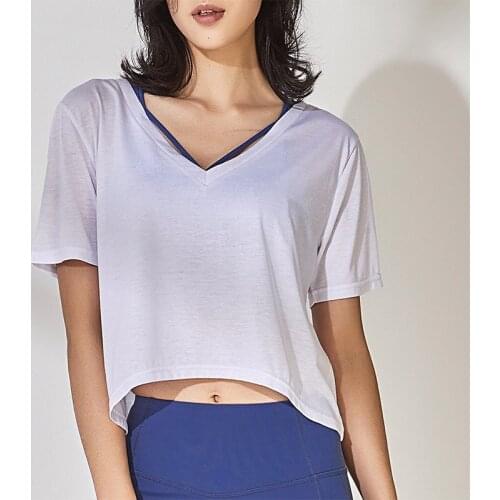 Summer Short Sleeve V Neck Crop Tops Workout Yoga Clothing Exercise Loose Breathable Dry Fit Sport Shirts