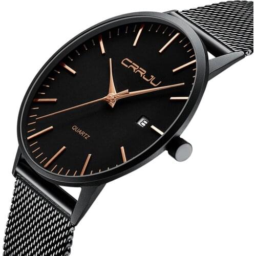 CRRJU Mens Slim Watches Luxury Ultra Thin Quartz Watch Men Casual Mesh Steel Waterproof Sport Watch Black Relogio Masculino