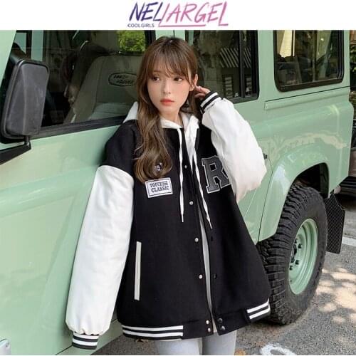 NELLARGEL Women Harajuku Leather Patchwork Varsity Jacket 2021 Female Windbreaker Vintage Streetwear Jackets Coats Girl Y2k Coat