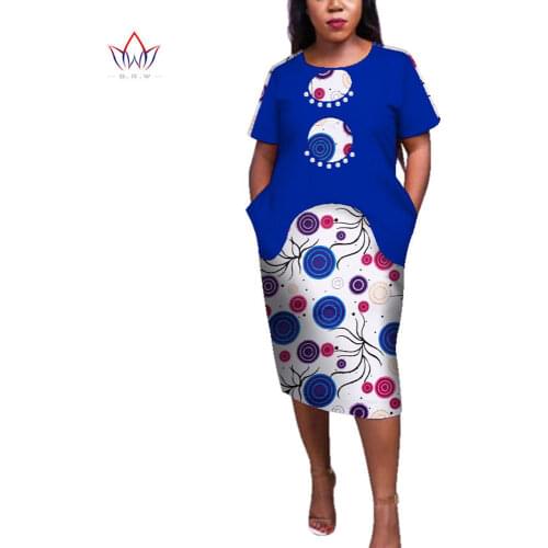 Bintarealwax African Dresses for Women Africa Bazin Riche Print Spliced Bodycon Office Lady Elegant Mid-Calf Midi Dress WY4029