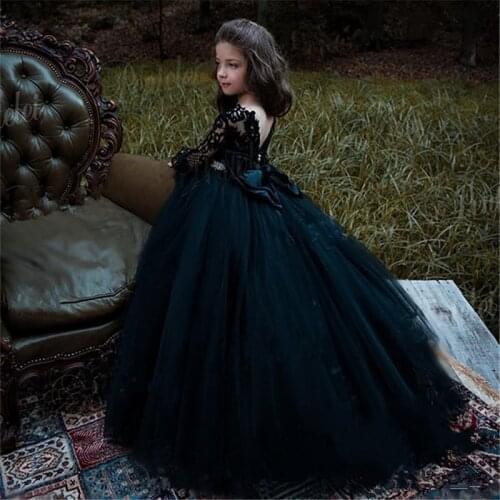 Long Sleeves Black Flower Girl Dresses Wedding Applique Jewel Crystal Sash Big Bow Cute Kids Formal Wear Floor Length Ball Gown