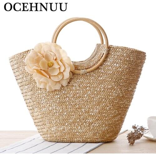 OCEHNUU 2020 Beach Bags Women Totes Bag Handmade Knitting Large Straw Ladies Handbags Summer Bags Flowers Torebka Wiklinowa New