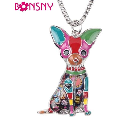Bonsny Enamel Alloy Sitting Chihuahuas Dog Necklace Pendant Chain Collar Fashion Animal Jewelry For Women Girls Gift Accessories