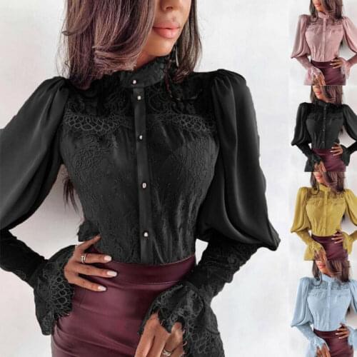 HOT Womens Clothing Long Sleeve Lace Tops Long Puff Sleeve Shirt Casual High Neck Blouse Ladies Korean Fashion