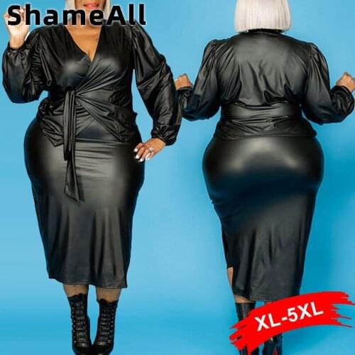 Plus Size Wrap V Neck Long Sleeve Shirt Pu Leather Skirt Belt 2 Pieces Sets 4XL Stretch Skinny Black Blue Bodycon Skirts Suits