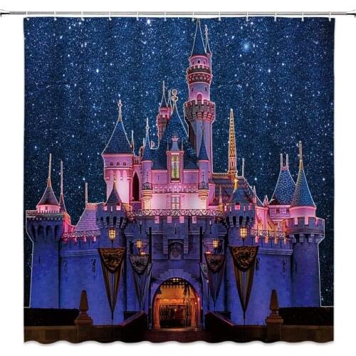 Fantasy Castle Starry Sky Scenery Night View Kids Fairy Tale Bathroom Curtains Set Waterproof Polyester Home Decor