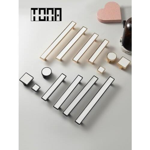 Tona Luxury European White Genuine Leather Kitchen Pulls Gold Cabinet Handles Black Drawer Pull Furniture Hardware Knobs