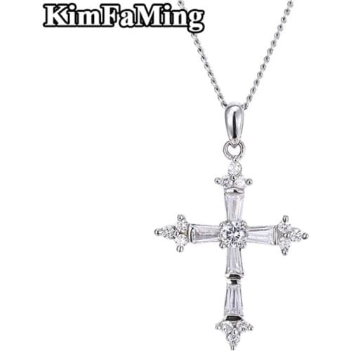 Trendy Fine Jewelry Elegant Cross Pendant Silver Necklaces with Trapezoide Cut Zircon Party P108