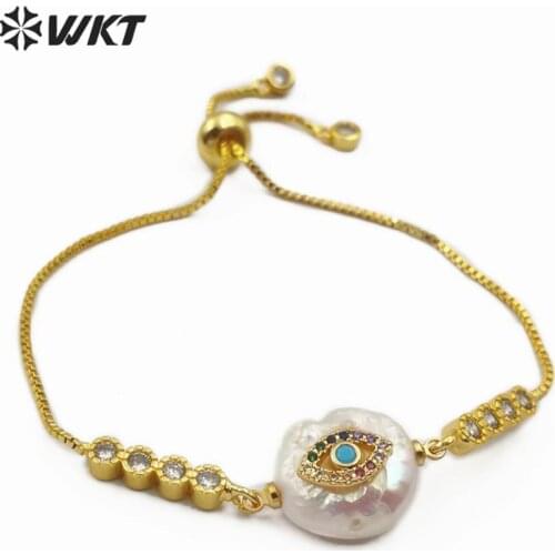 WT-MB110 round eye shape cubic zirconia micro pave Bracelet natural freshwater pearl Bracelet woman adjustable Bangle Jewelry