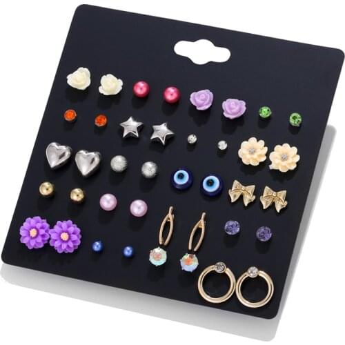 LUXSHINE Evil Eye Resin Flower Stud Earring Set for Women Gold Color Bowknot Star Cute Korean Earrings 20 Pairs/lot Gift Bijoux