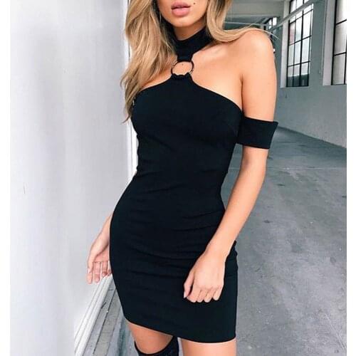 2021 Fashion WomenS Sexy Halter Metal Ring Off Shoulder Short Mini Dress Evening Party Clubwear Bandage Bodycon Woman Dresses