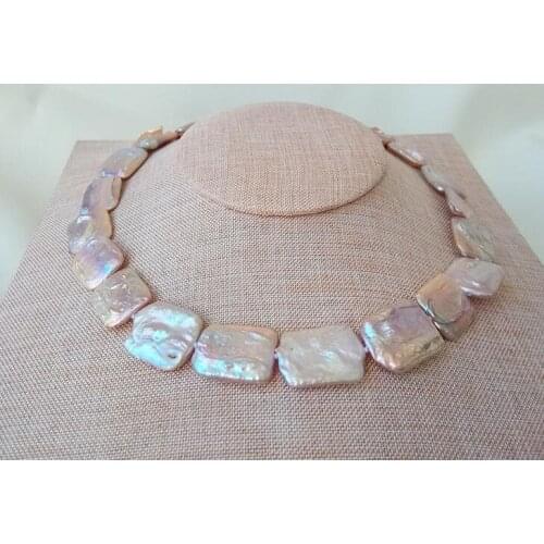 17-18mm cultured nucleated rectangle pink purple freshwater pearl necklace 18" 36" Silver clasp
