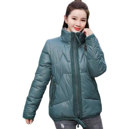 2021 Simple Stand Collar Cotton Puffy Jacket New Winter Womens Short Thick Warm Black Coat Girl Large Size Slim Parkas Woman