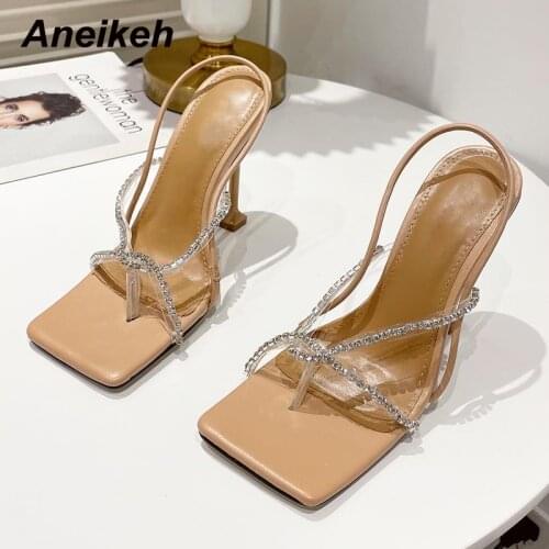 Aneikeh 2021 NEW Sweet Womens Shoes PVC Peep Toe Sandas Thin Heels Fashion Thong Bling Party Slip-On Solid Classics Polka Dot