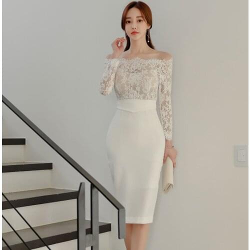 Slash Neck White Lace Sheath Dress Women Long Sleeve Casual Korean Summer Bodycorn Dress Party Clubwear Sexy Knee-Length B814