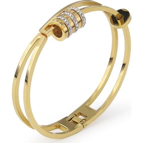 Brand Hollow Circle Crystals Cuff Bracelets & Bangles Gold Silver Stainless Steel Charm Bangle Women Jewelry Bijou Gift