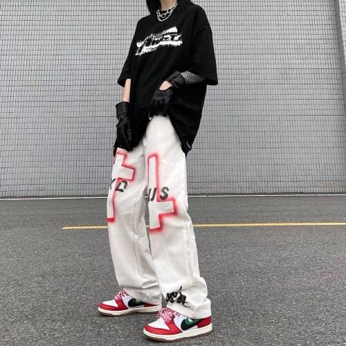 Cross Printed Cargo Pants Women Baggy Summer Design High Street Ins Hip Hop Casual Trousers Straight Loose Wide Leg Streetwear