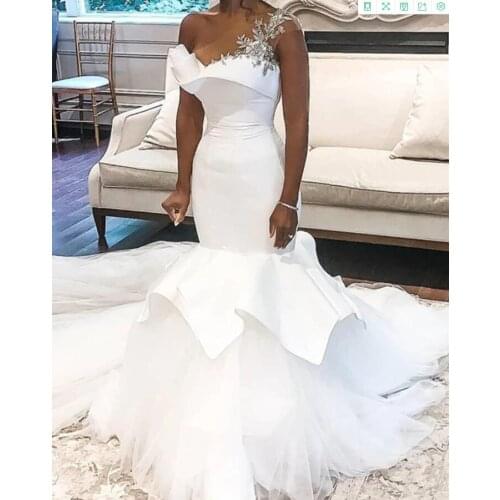 Custom Made One Shoulder White Mermaid Bridal Gowns With Ruffles Train Black Women
