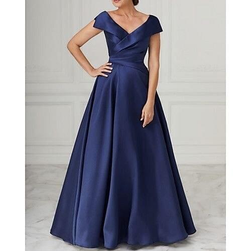 Long V-Neck Pleated Mother of Bride Dresses with Pockets A-Line Off Shoulder Lace Up Back Blue Robes de Soirée for Women