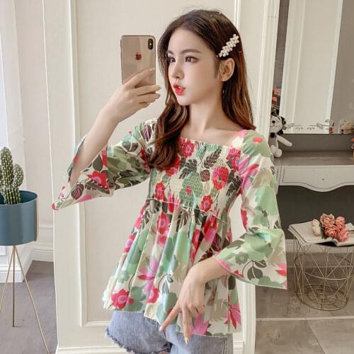 Summer Shirt 2021 New Fashion Slim Square Collar Flared Sleeve Floral Chiffon Shirts Women and Blouse Blusas Mujer Femme Y803