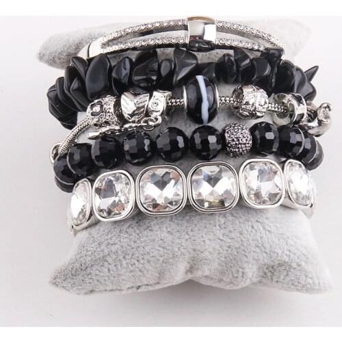 RH Fashion Bohemian Jewelry Accessory Black Silv Beaded Bracelet Charms Stack Bracelets Sets