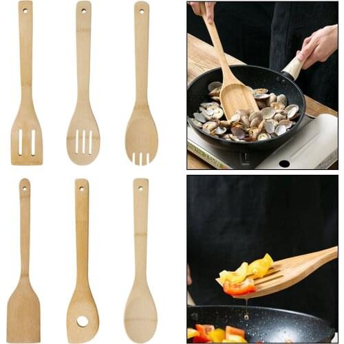 6 Piece Kits Wooden Handle Mixing Tools Beef Meat Egg Spoon Shovel Ware Cooking Bamboo Kitchen Utensil Spatula Wide Accessories