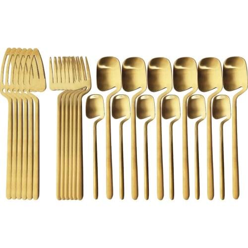 24pcs Gold Tableware Set Kitchen Decor Spoon Fork Knife Dinnerware Sets Matte Black Cutlery Ice Cream Desserts Soup Coffee Use