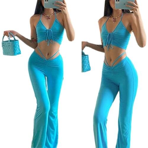 Sexy bandage suspender Top + high waist flared pants suit，2021 Summer Fashion Sleeveless Drawstring Cropped Tops Flared Trousers