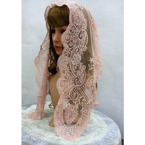Pink Embroidery Spanish Lace Mantilla ,Catholic Lace Veil ,Head Coverings